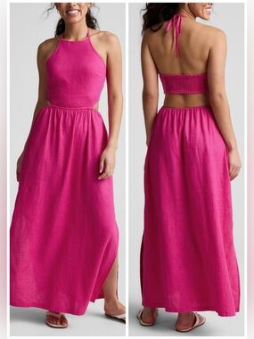 NWT Beyond Yoga SoftWash Linen Halter Dress Pink Maxi Cut Out Sz M